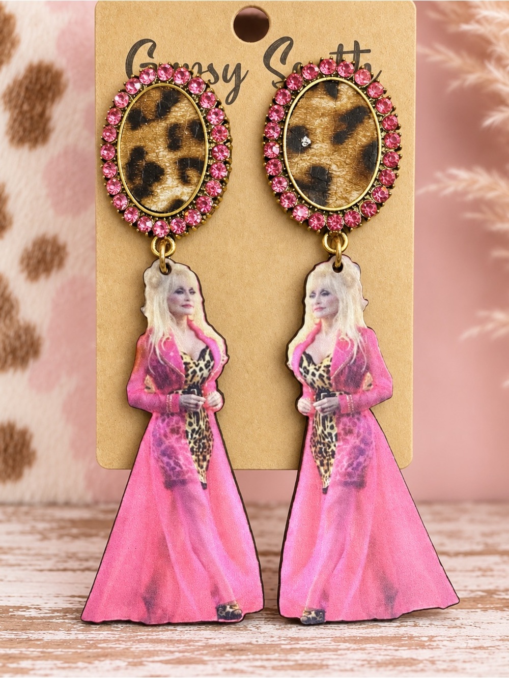 Dolly Pink Leopard-Accent Drop Earrings with Crystal